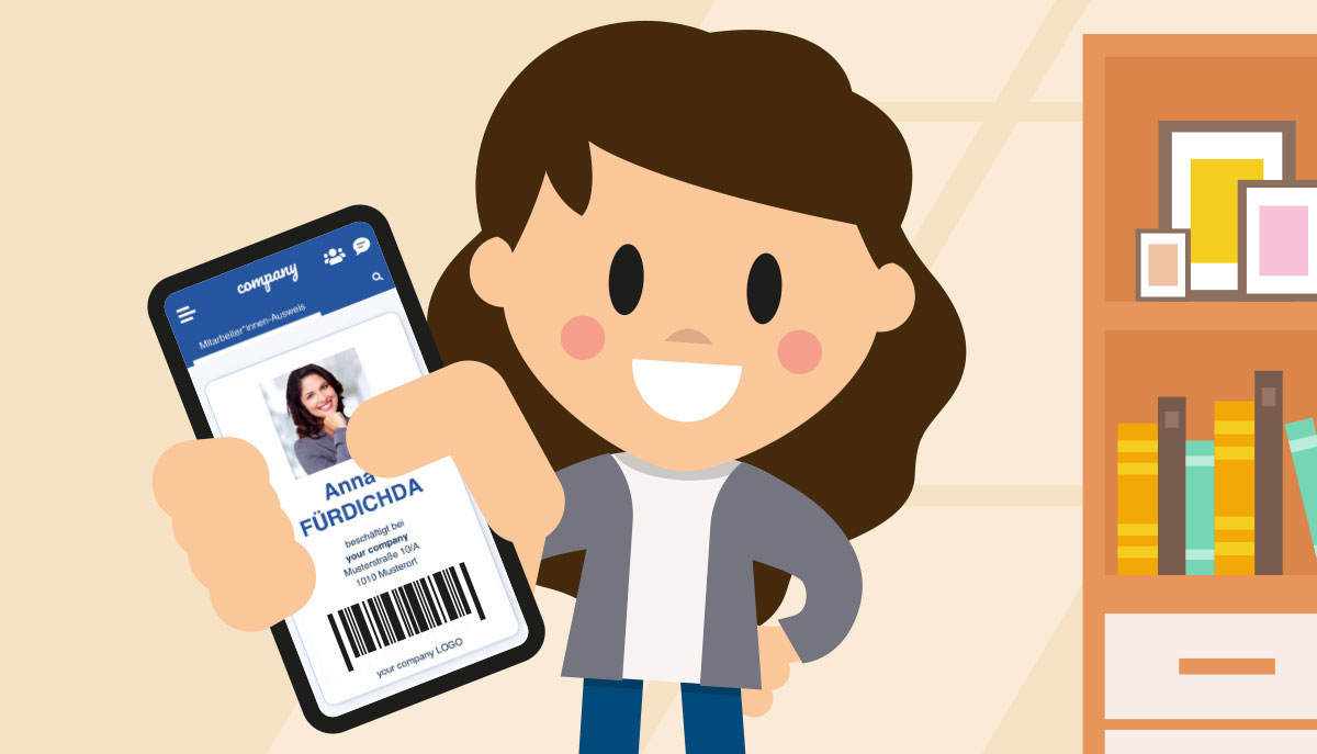 Mitarbeiterin mit digitalem Mitarbeiter-Ausweis Dienstausweis in der LOLYO Mitarbeiter-App