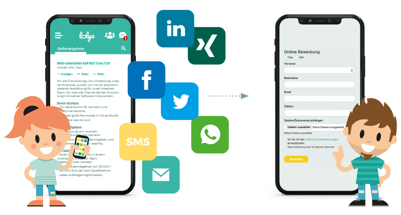Mobiles Social Intranet in der Industrie mit integriertem Mitarbeiter-werben-Mitarbeiter Programm, Smartphone Screens
