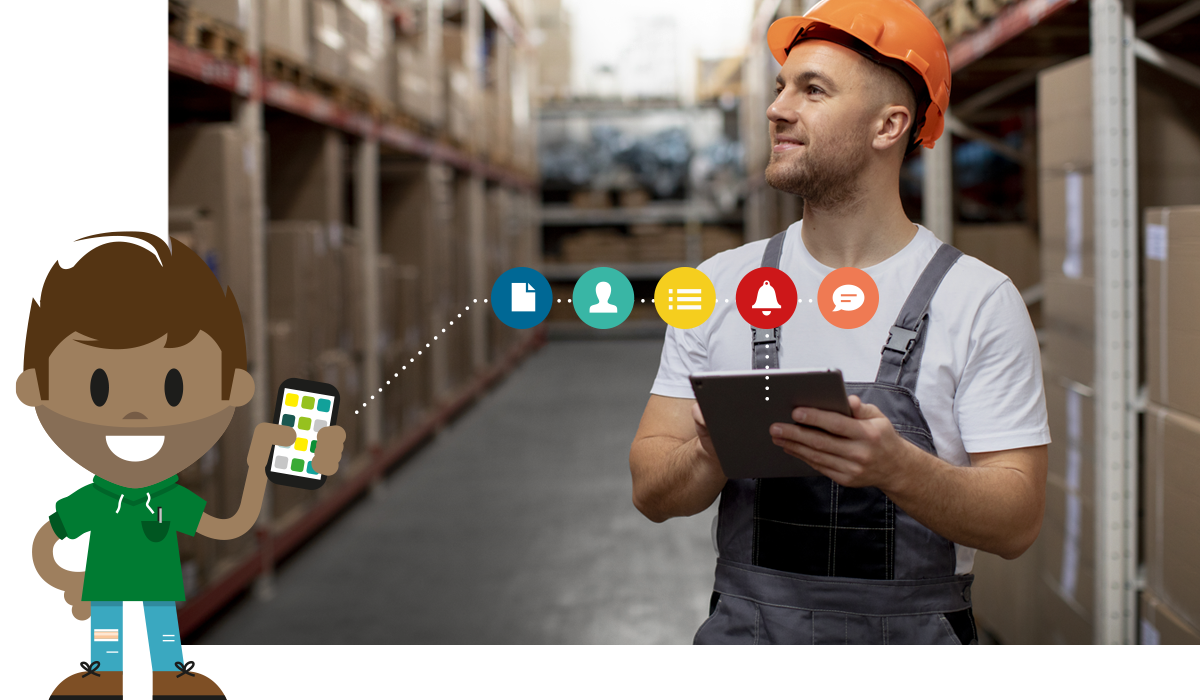 Lager- und Logistik Mitarbeitender mit mobilem Social Intranet am Tablet