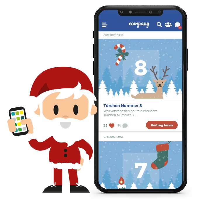 Digitaler XMAS Kalender in der LOLYO MItarbeiter-App - App-Screen und Weihnachtsmann