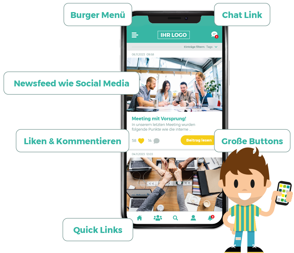 Mitarbeiter-App mit Intuitive Nutzerführung und Bedienung - Burger Menü, Chat Link Newsfeed wie Social Media, Liken und Kommentieren, große Buttons, Quick Links 
