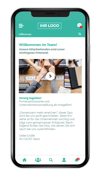Mitarbeiter-App Smartphone Screen Custom Page mit Onbording Info