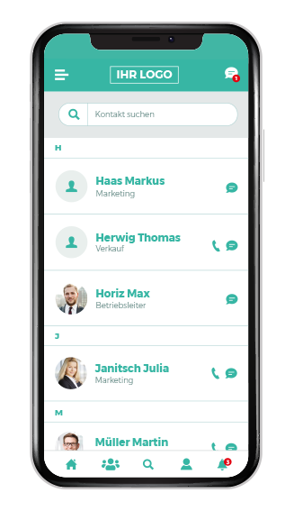 Mitarbeiter-App Smartphone Screen Kontakte und Profile