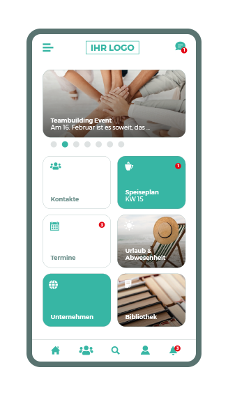 Smartphone App Screen - Grid Menü - Kacheln und News Slider