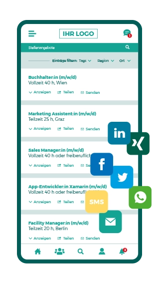 Smartphone App Screen - Mitarbeiterempfehlungen Stellenangebote Teilen - Social Media Icons