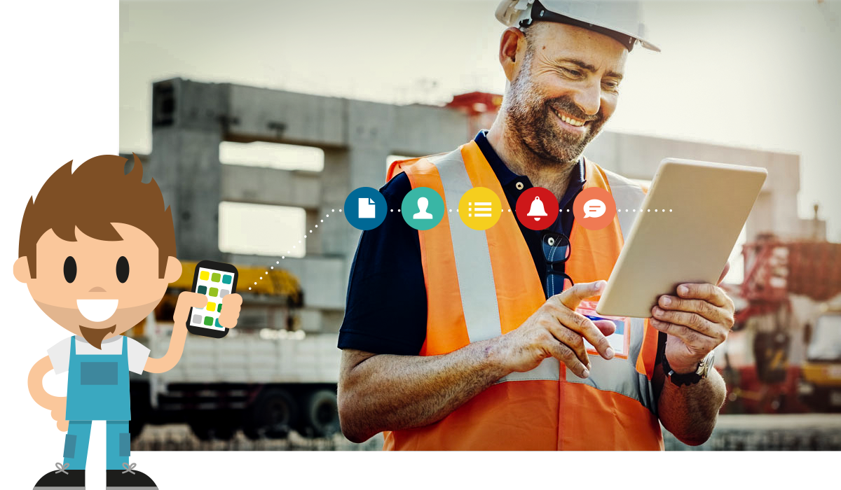 Uomo in cantiere sorridere con i-pad in mano e utilizza l'intranet mobile app di lolyo