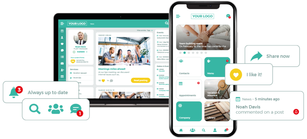 Employee app for internal communication - PC and smartphone - over 30 included functions