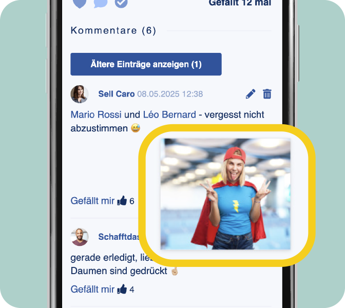 Mitarbeiter-App Feature - Bilder in Kommentaren posten - Smartphone-Screen