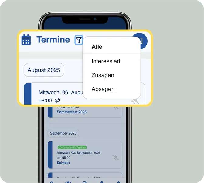 LOLYO Mitarbeiter-App Termine - Teilnahme Filter - Smartphone-Screen