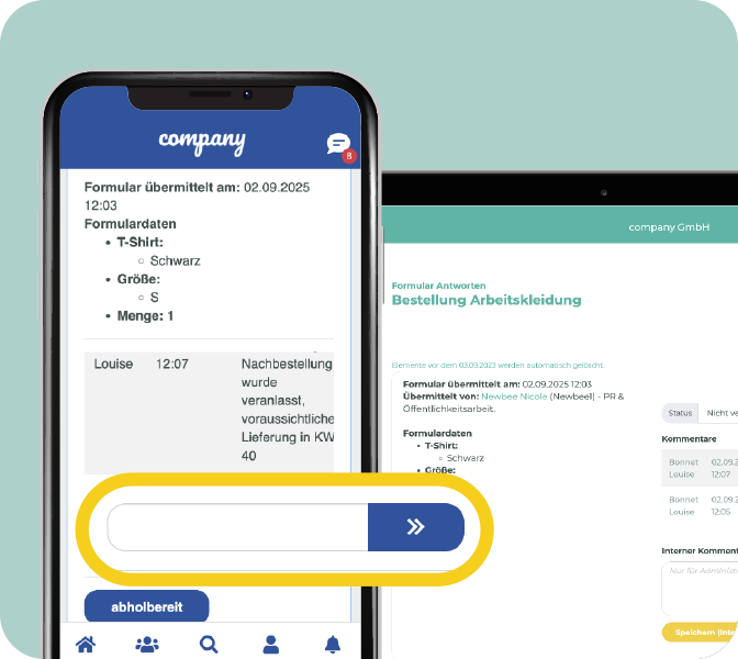 Mitarbeiter-App Feature - Formular Workflow-Kommentare - Smartphone + PC Screen
