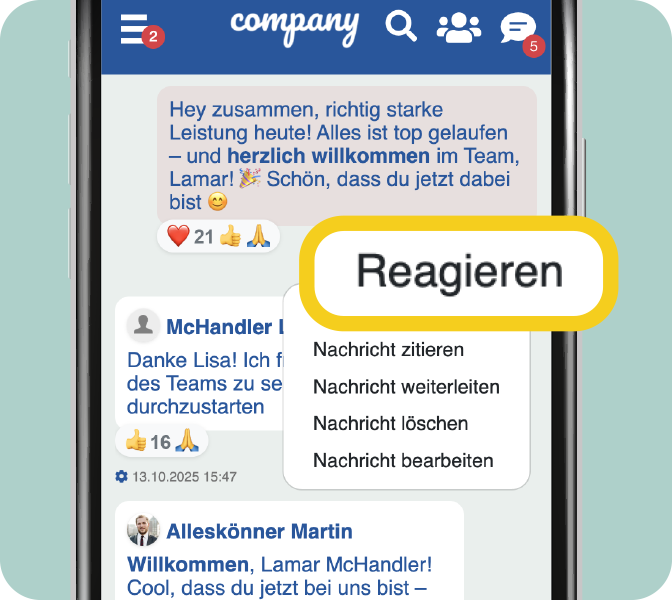 Mitarbeiter-App New Feature - Smartphone Screen Chat - Button Social Ractions