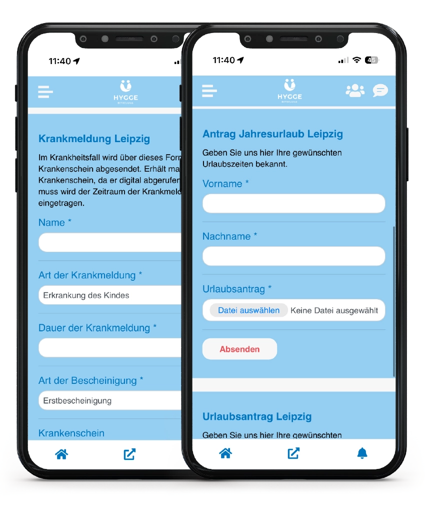 Hygge Mitarbeiter-App Smartphone Screens digitale Formulare - Urlaubsantrag - Krankmeldung