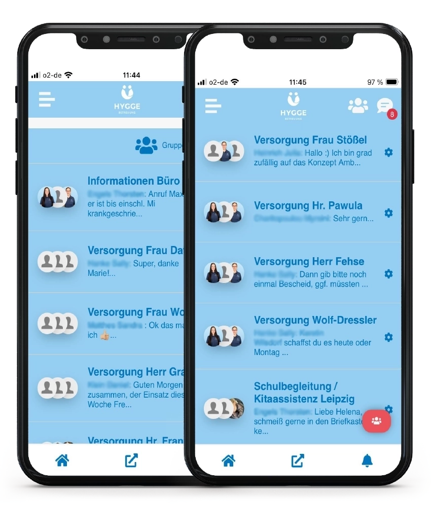 Hygge Mitarbeiter-App Smartphone Screens - Gruppen Chats Betreuungskraefte