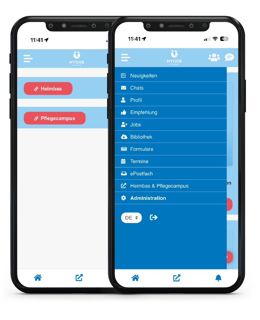 Hygge Mitarbeiter-App Smartphone Screens - Menue Dashboard, Quicklinks Zeiterfassung eLearning