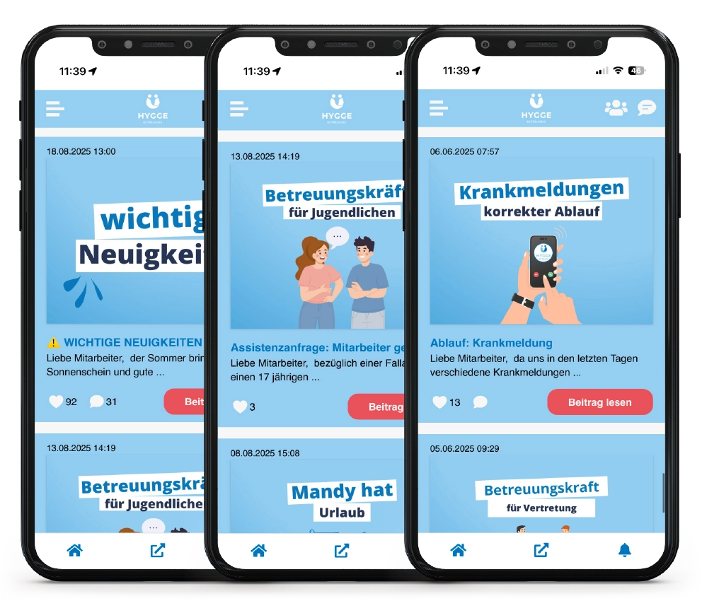 Hygge Mitarbeiter-App Smartphone-Screens - News Feed