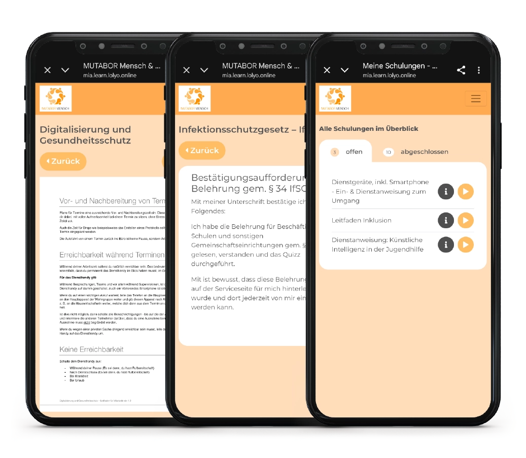 App-Screens - eLearning in der MiA Mitarbeiter-App - Schulungen Pre- und Onboarding