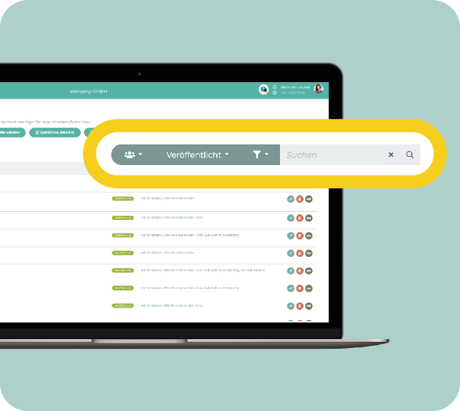 LOLYO Mitarbeiter-App - Suche Filterung Administrationsbereich - Inhaltsseiten - PC-Screen