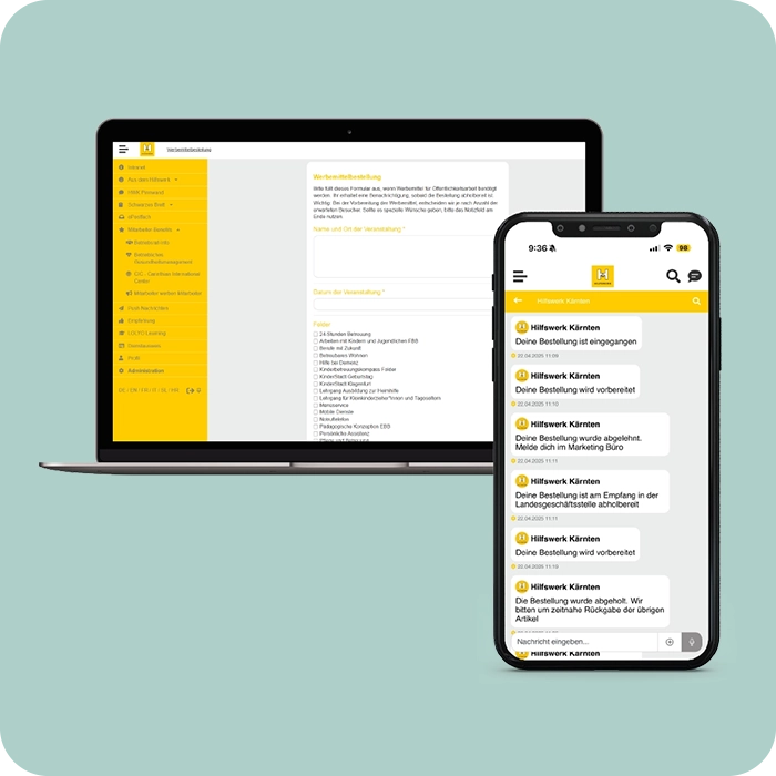 Bestellungen mit Workflow in der HWK Inside Mitarbeiter-App - Smartphone - PC Screen
