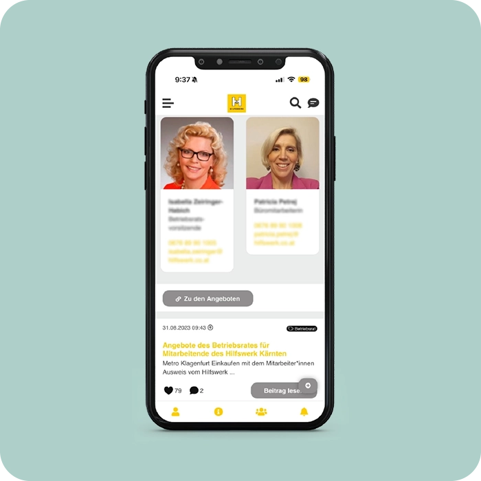 Betriebsrat Info-Page in der HWK Inside Mitarbeiter-App - Smartphone Screen