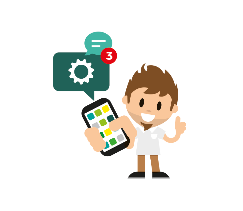 Alle Infos für Non-Desk-Worker in Hotellerie und Gastronomie in der Mitarbeiter-App - LOLYO Figur, Smartphone, Icons