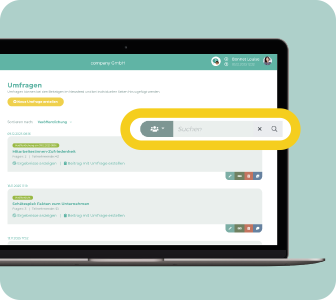 Mitarbeiter-App New Feature - Umfragen Filter/Suche fuer Administration - PC Screen