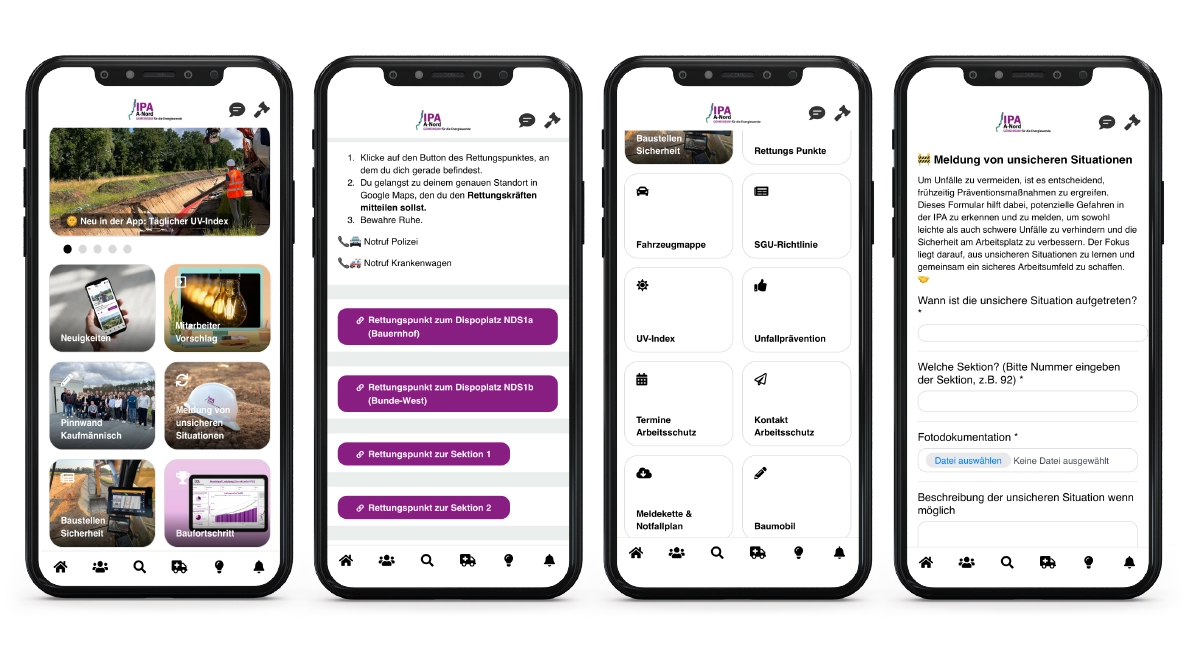 LOLYO Mitarbeiter-App Screens IPA-A-Nord - Dashboard, Info-Pages zu Arbeitsschutz, Baustellensicherheit, Meldungen