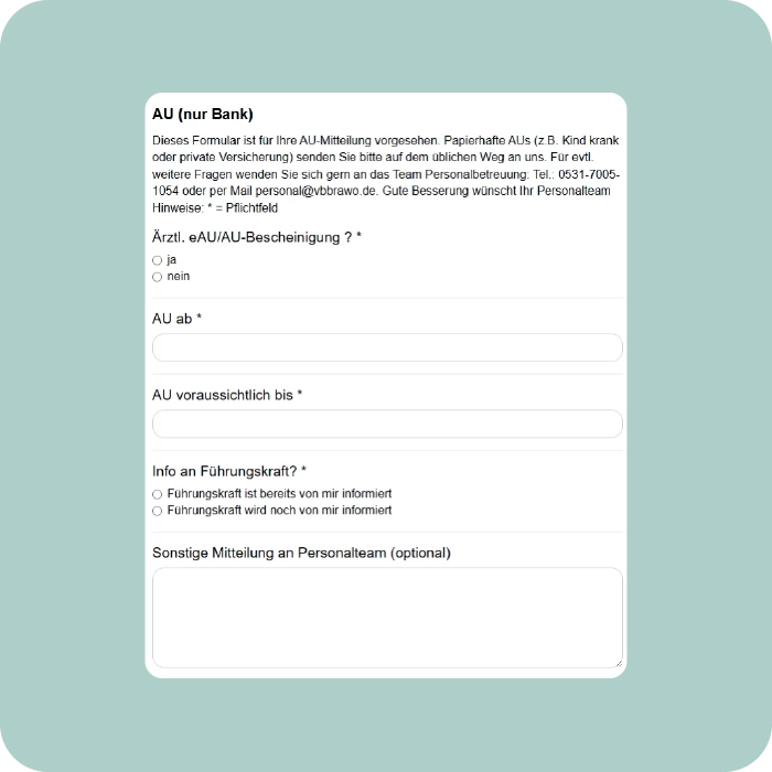 Digitale Antraege - Formulare Beispiel Krankmeldung - in der Volksbank Brawo Mitarbeiter-App - Screen