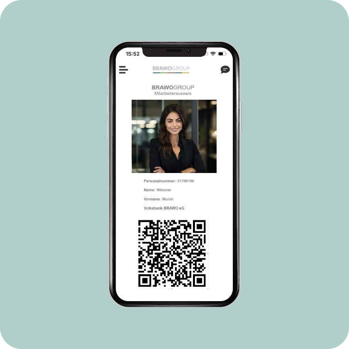 Digitaler Mitarbeiter-Ausweis Volksbank BRAWO Mitarbeiter-App - Smartphone Screen