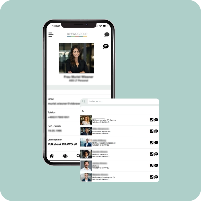 Profile, Kontaktliste, Chats in der Volksbank Brawo Mitarbeiter-App - Smartphone Screen