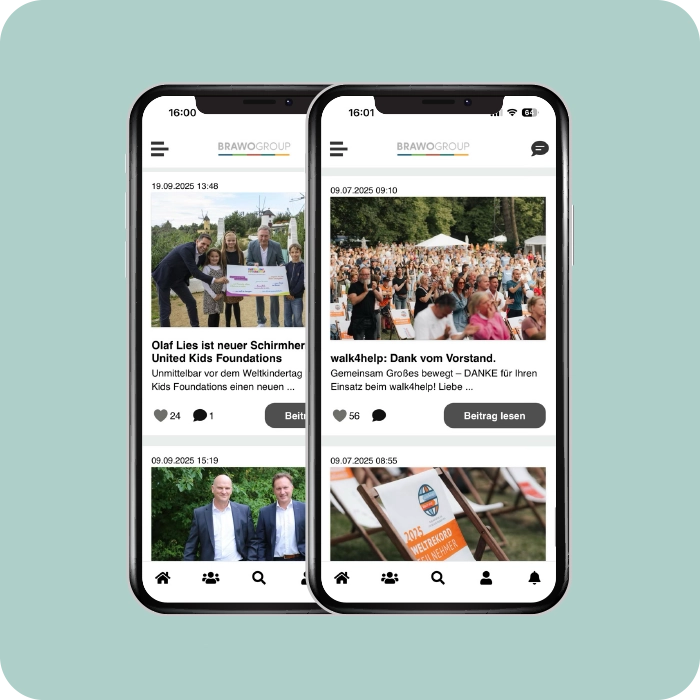 Newsfeed in der Volksbank BRAWO Mitarbeiter-App - Smartphone Screens
