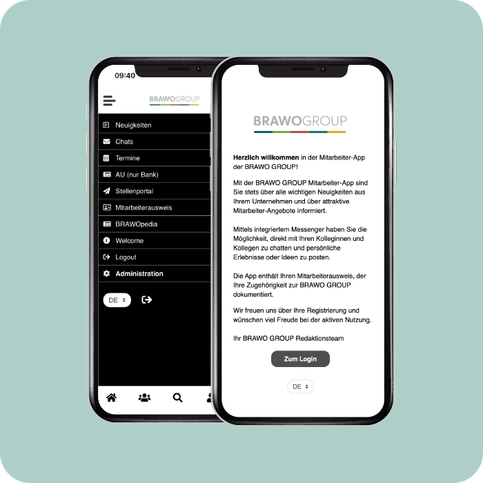 Onboarding Page - Mitarbeiter-App Menue - Volksbank Brawo -Smartphone Screen