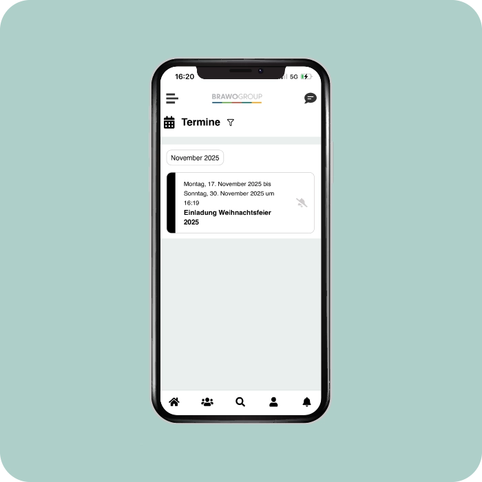Digitale Eventorganisation - Termin-Uebersicht Volksbank BRWAO Mitarbeiter-App - Smartphone Screen