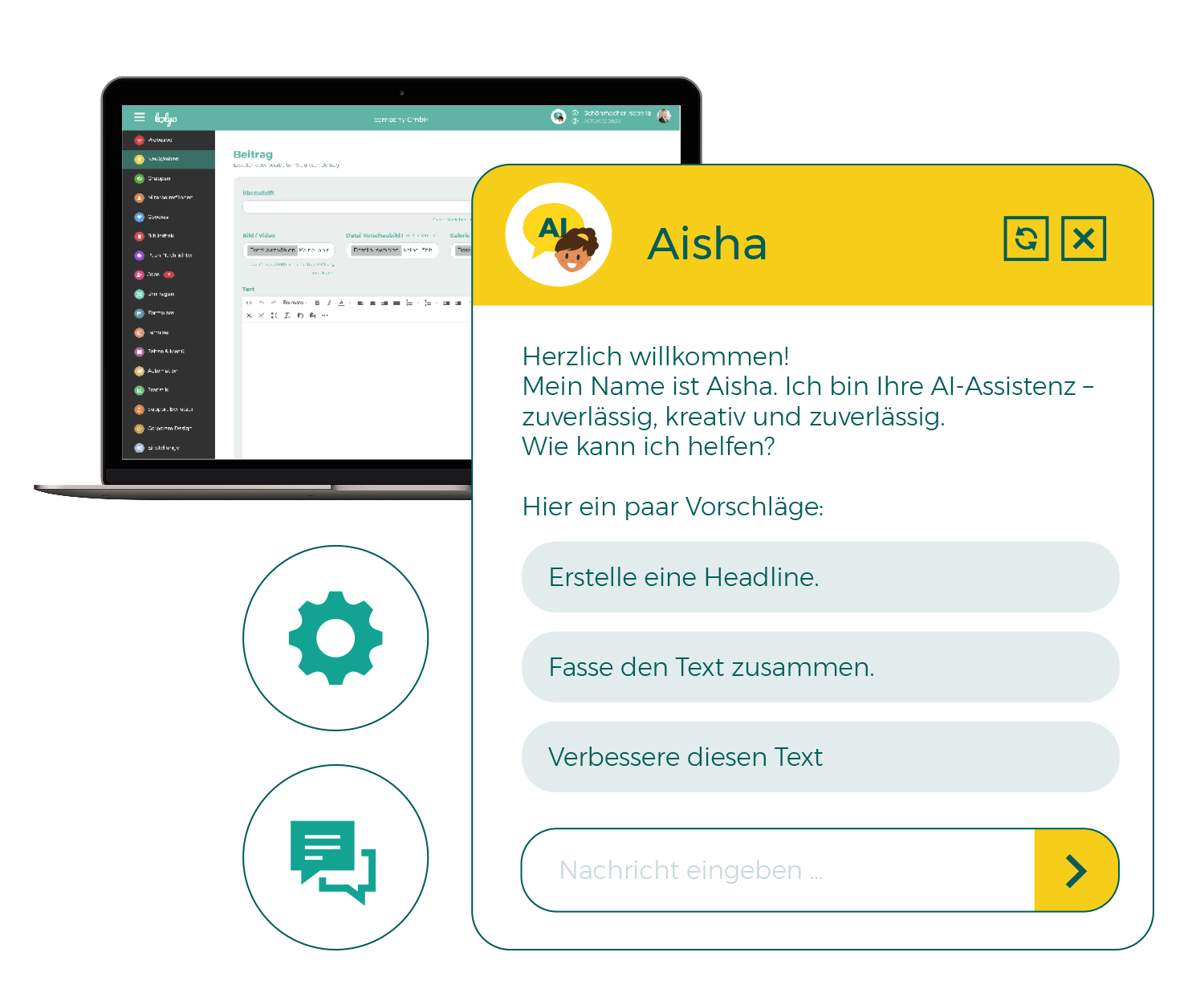 Aisha KI Chatbot Mitarbeiter-App Administration - PC Screen - Chatverlauf