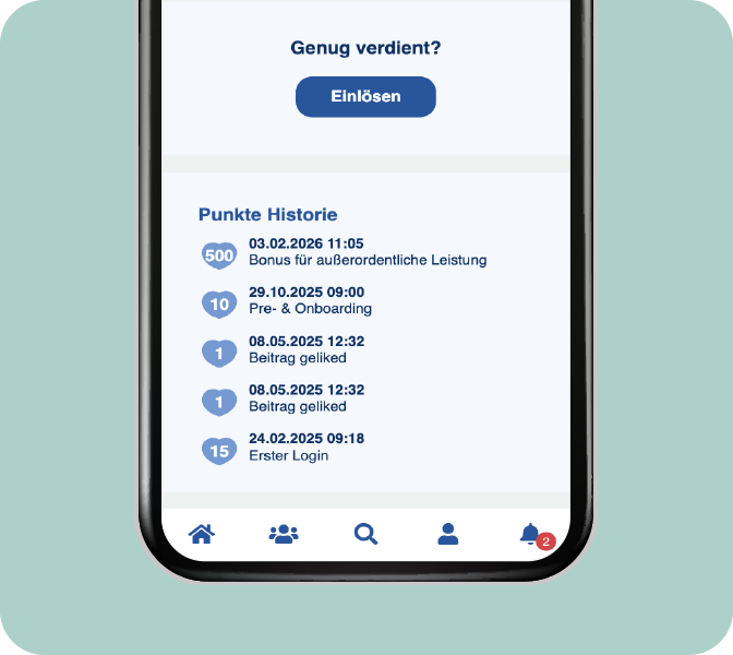 Zeigen Sie Ihren Mitarbeitenden Wertschätzung für ihre Beteiligung - einfach & automatisch per MITMACH-Booster Wertschätzung und Anerkennung per Mitarbeiter-App - Hidden Hint: MITMACH-Booster - Engagementpunkte - Smartphone Screen