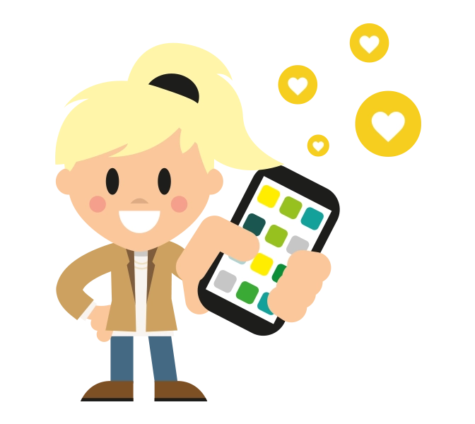 Begeisterte Mitarbeiterin mit Smartphone