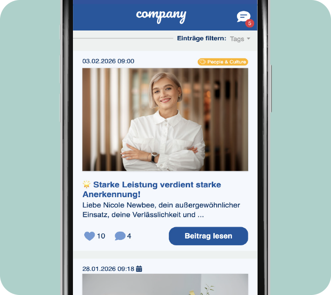 Wertschätzung Newsposting - Mitarbeiter-App Smartphone - Screen