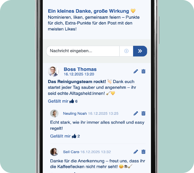 Social Posting - Peer to Peer Anerkennung - Mitarbeiter-App Screen
