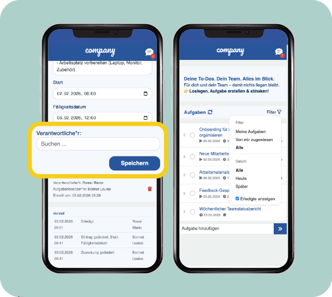 Erstellen Sie neue Aufgaben mit einem Klick in Ihrer Mitarbeiter-App! Mitarbeiter-App - New Feature - Aufgaben erstellen - To-Dos zuweisen - Smartphone Screen