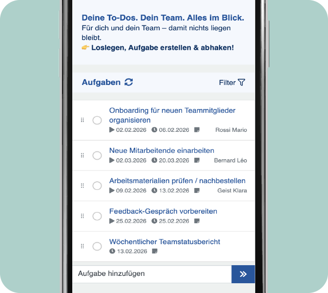 Mit der Aufgaben-Übersicht behalten Sie Ihre To-Dos immer im Blick Mitarbeiter App New Feature: Aufgabenplaner - To-Do-Uebersicht - Smartphone-Screen