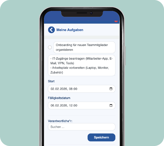 Der Mitarbeiter-App Aufgabenplaner ist mehr als eine Checkliste - Mit einem Klick zu allen Details. Mitarbeiter-App New Feature: Aufgabenplaner Detailansicht - Smartphone-Screen