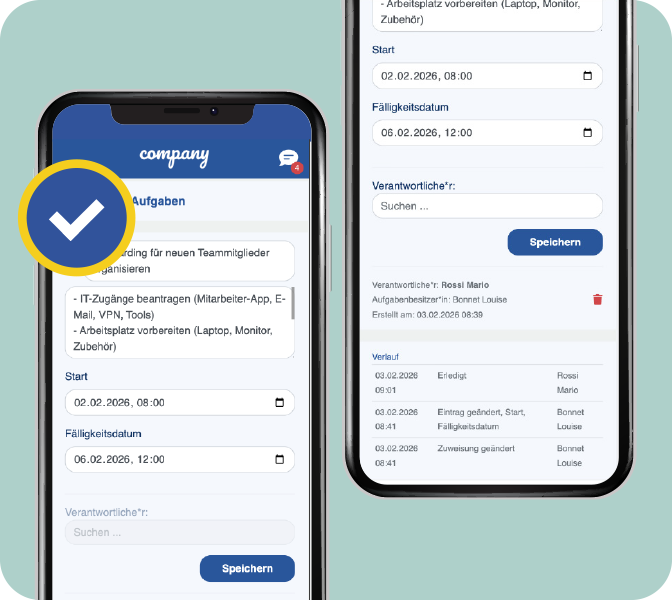 Aufgaben-Status auf Knopfdruck und ToDos werden mehr vergessen Mitarbeiter-App - New Feature - Aufgaben Status -Fortschritt - Smartphone Screen
