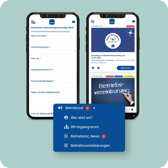 Betriebsrat-Infos, Vereinbarungen und Betriebliches Vorschlagswesen in der Mitarbeiter-App bei Deloro Wear Solutions Mitarbeiter-App Best Practice – Deloro Wear Solutions – Betriebsrat-Seiten, Betriebliches Vorschlagswesen – Smartphone Screen