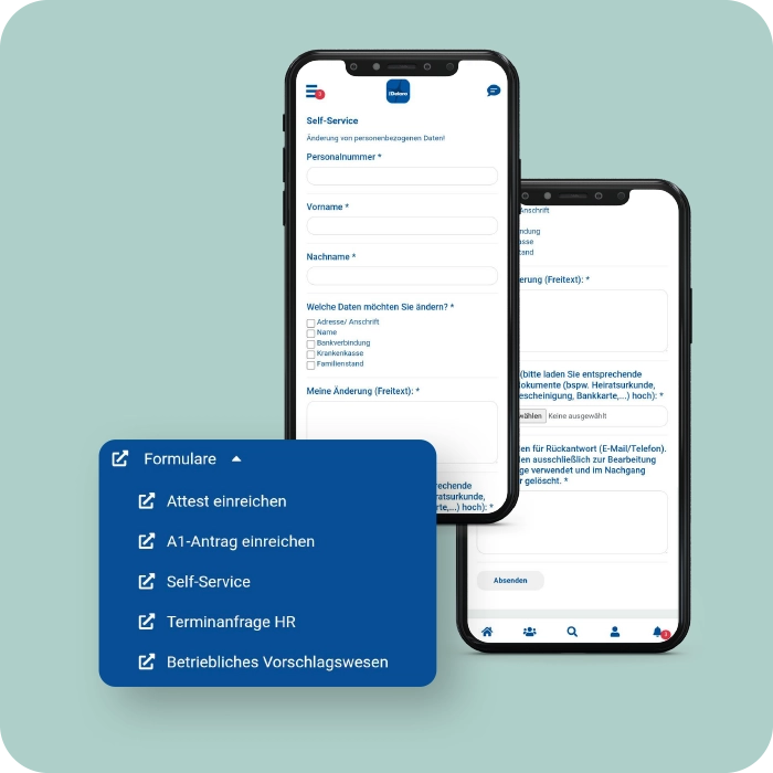 HR Self Service Hub in der Mitarbeiter-App bei Deloro Wear Solutions Mitarbeiter-App Best Practice – Deloro Wear Solutions – HR Self Service Hub – Smartphone Screen