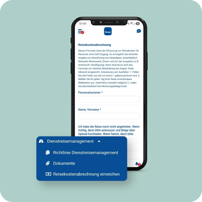 Dienstreisemanagement und Reiseabrechnung in der Mitarbeiter-App bei Deloro Wear Solutions Mitarbeiter-App Best Practice – Deloro Wear Solutions – Dienstreisemanagement, Reiseabrechnung – Smartphone Screen