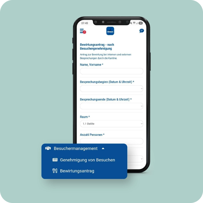 Besuchermanagement und Bewirtungsanträge in der Mitarbeiter-App bei Deloro Wear Solutions Mitarbeiter-App Best Practice – Deloro Wear Solutions – Besuchermanagement, Bewirtungsanträge – Smartphone Screen