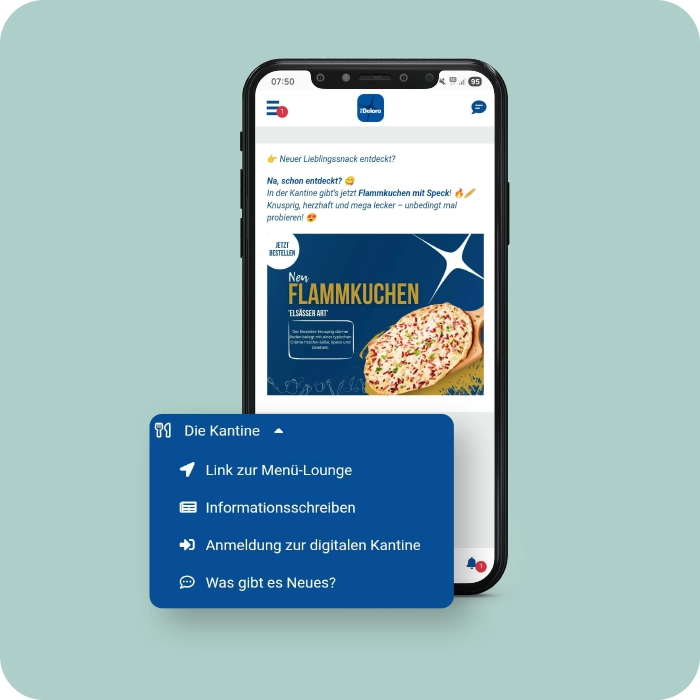 Digitale Kantine in der Mitarbeiter-App bei Deloro Wear Solutions Mitarbeiter-App Best Practice – Deloro Wear Solutions – Digitale Kantine – Smartphone Screen