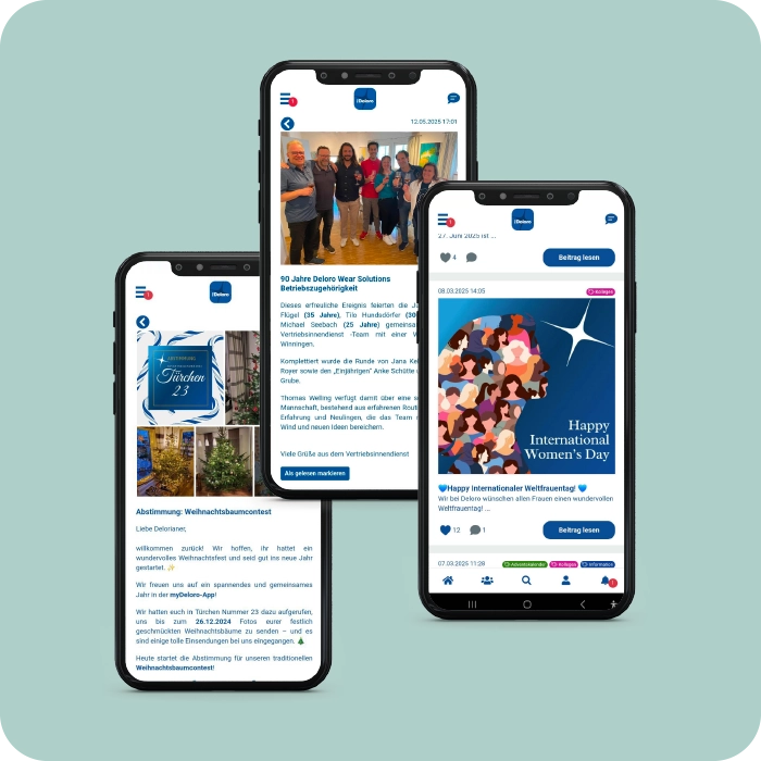 Newsfeed in der Mitarbeiter-App bei Deloro Wear Solutions Mitarbeiter-App Best Practice – Deloro Wear Solutions – Newsfeed – Smartphone Screens