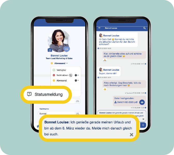 Aktivieren Sie jetzt individuelle Statusinformationen mit dem Abwesenheitsassistenten in der Mitarbeiter-App Mitarbeiter-App - New Feature - Statusmeldung - Abwesenheitsnotiz Chat - Profil - Smartphone Screens