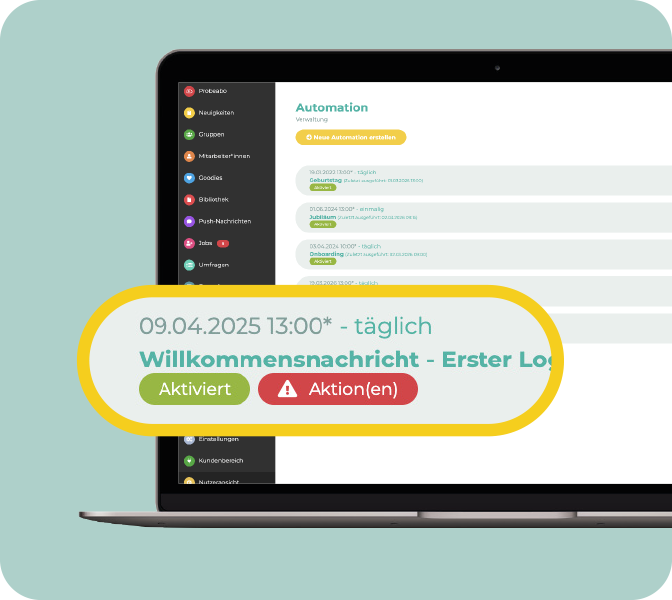 In der Mitarbeiter-App sehen Sie direkt, wenn Automationen fehlerhaft oder unvollständig konfiguriert sind – so erkennen Sie Probleme sofort. Mitarbeiter-App - New Feature - Warnhinweis bei fehlerhaften Automationen - PC Screen