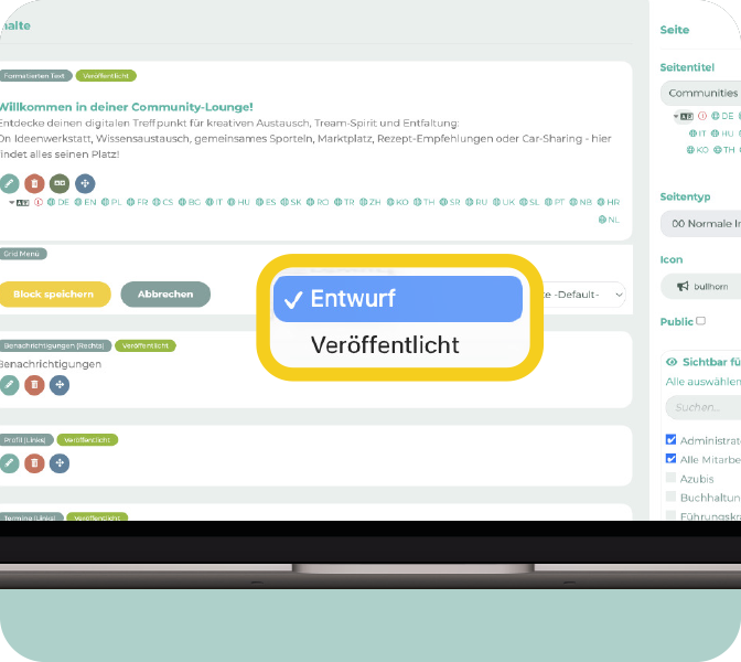 Entwurf-Modus: Inhaltselemente ausblenden oder vorbereiten – sicher und flexibel. Mitarbeiter-App - New Feature - Status fuer Content Elemente - PC Screen